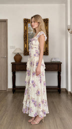 Floral Print Ruffled Maxi Dress in Ivory side view