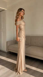Champagne one-shoulder ruched shimmer maxi evening dress side view