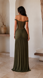 Olive off shoulder ruched mermaid maxi dress back view