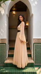 Side view of champagne pleated maxi dress with sheer bell sleeves and floor-length skirt