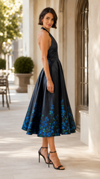 Side view of black halter fit and flare midi dress with floral hem