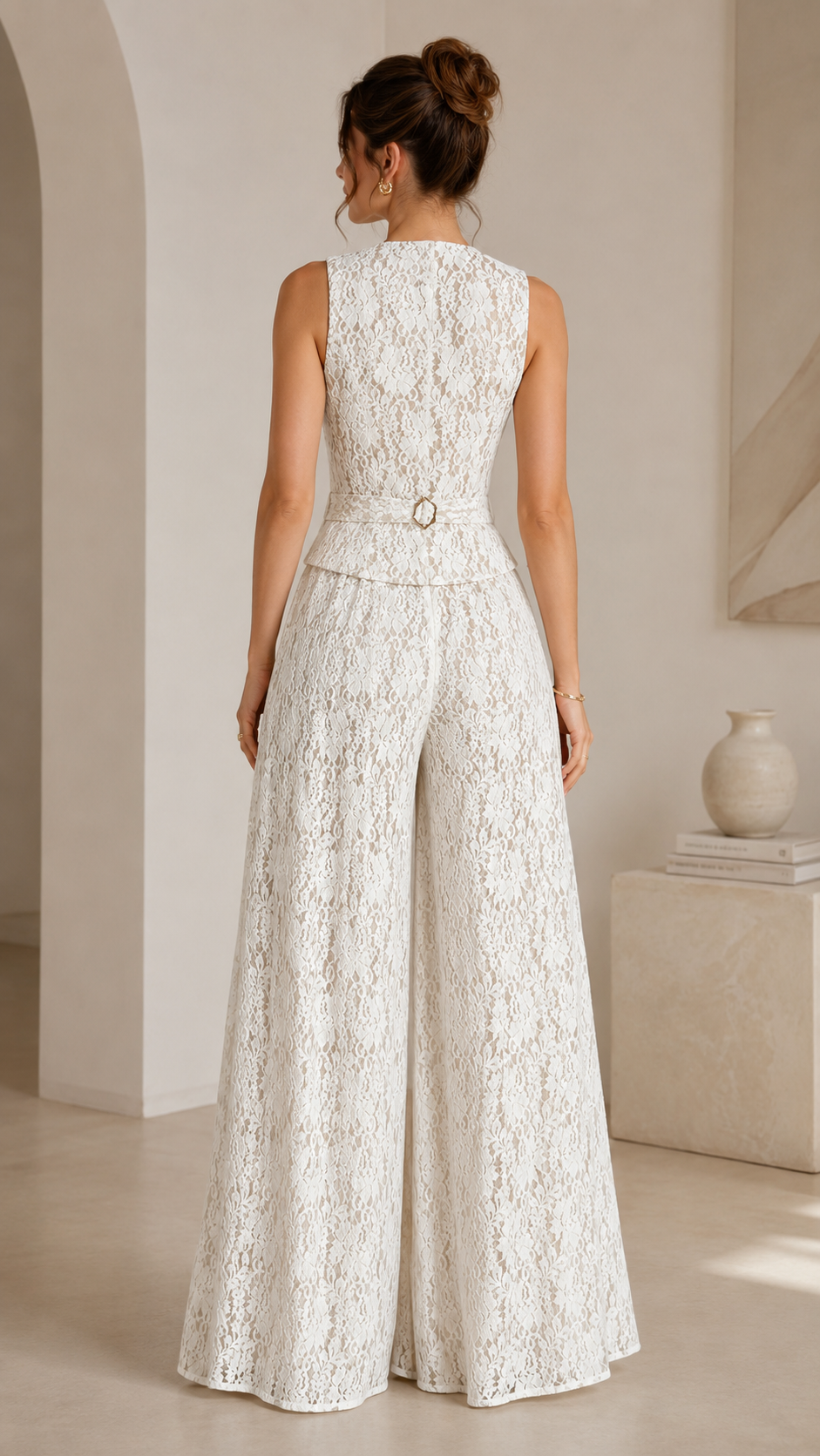 Back view of ivory sleeveless lace wide leg jumpsuit