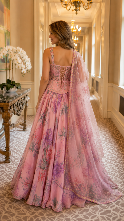 Blush pink embroidered ball gown with corset back detail and sheer drape back view