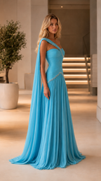 Sky blue one-shoulder formal maxi dress with fitted bodice and flowing pleated skirt angled view