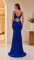 Back view of royal blue mermaid gown with open back detail and floor-length hem