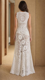 Back view of model wearing White crochet lace maxi dress