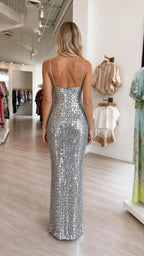 Back view showing low cut back of silver sequin dress