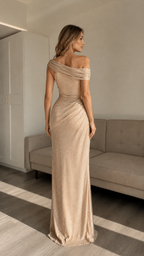 Champagne one-shoulder ruched shimmer maxi evening dress back view