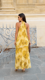 Yellow floral halter layered maxi dress back view