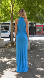 Back view of blue halter neck beaded maxi dress