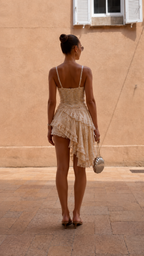 Back view of cream lace-look cami top and asymmetrical ruffle shorts set