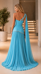 Sky blue one-shoulder beaded gown with draped shoulder cape and pleated train back view