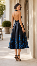 Back view of black open-back halter midi dress with blue floral hem print