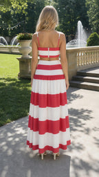 Back view of model in red and white striped set