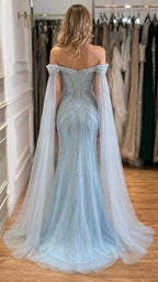 Back view of light blue evening gown with sheer cape