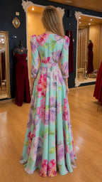 Back view of mint floral maxi dress