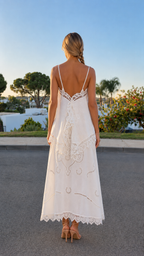 Back view of ivory lace trim cami maxi dress set with slim straps and open back detail