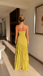 Back view of chartreuse strapless ruched tiered maxi dress