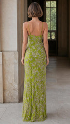 Elegance Sequin Embroidered Slip Maxi Dress in Lime back view