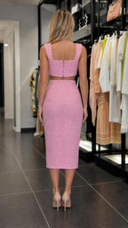 Back view of pink tweed skirt set