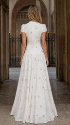 Back view showing lace-up details on White maxi dress