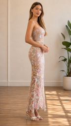 Side view of blush pink strapless floral embroidered mesh fitted maxi dress