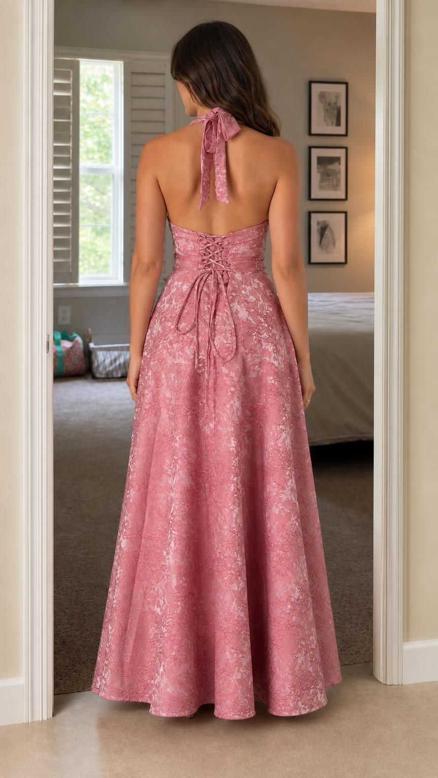 Back view highlighting the lace-up closure and halter tie