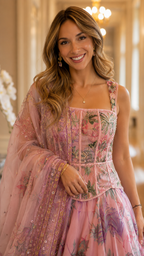 Close-up of blush pink embroidered corset bodice gown with square neckline and floral detail