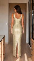 Back view of champagne gold metallic maxi dress with back slit