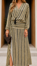 Close view of sage striped surplice bodice, waist detail, and side slit