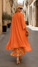Orange printed sleeveless maxi dress with matching flowing cover up back view