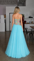 Back view of light blue strapless evening dress
