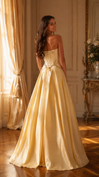 Champagne strapless gown with lace-up back and sweeping full-length skirt