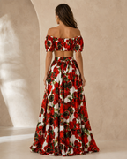 Back view of the red floral off shoulder two piece maxi skirt set