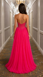 Back view of hot pink strapless evening gown
