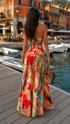 Back view of abstract print halter crop top and maxi skirt set