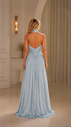 Back view of light blue pleated evening dress with low open back and maxi hem