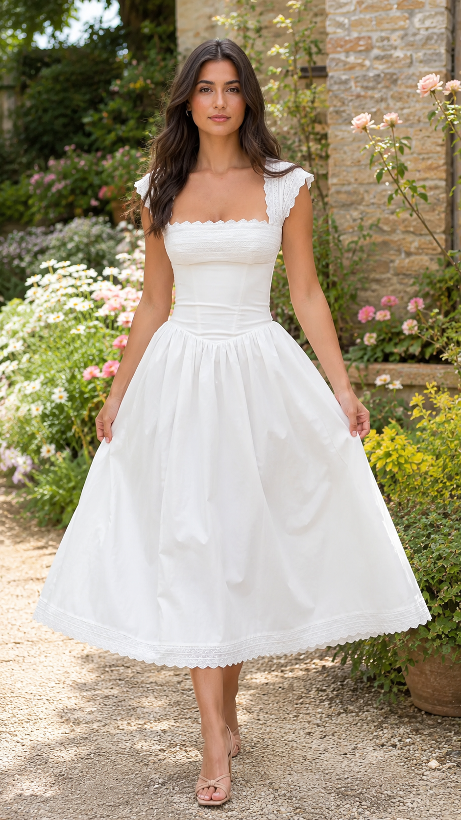 Front view of white scalloped square neck midi dress with cap sleeves