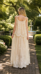 Back view of champagne square neck lace overlay maxi dress with full-length hem
