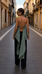 Back view of sage green open-back cami top with tie detail and asymmetric drape