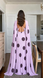 Lavender polka dot cape maxi dress back view showing open back