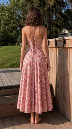 Back view of woman showing lace-up back detail on pink dress