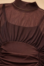Close-up detail of the mock neck and sheer mesh bodice