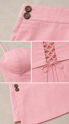 Close-up details of skirt buttons and lace-up back