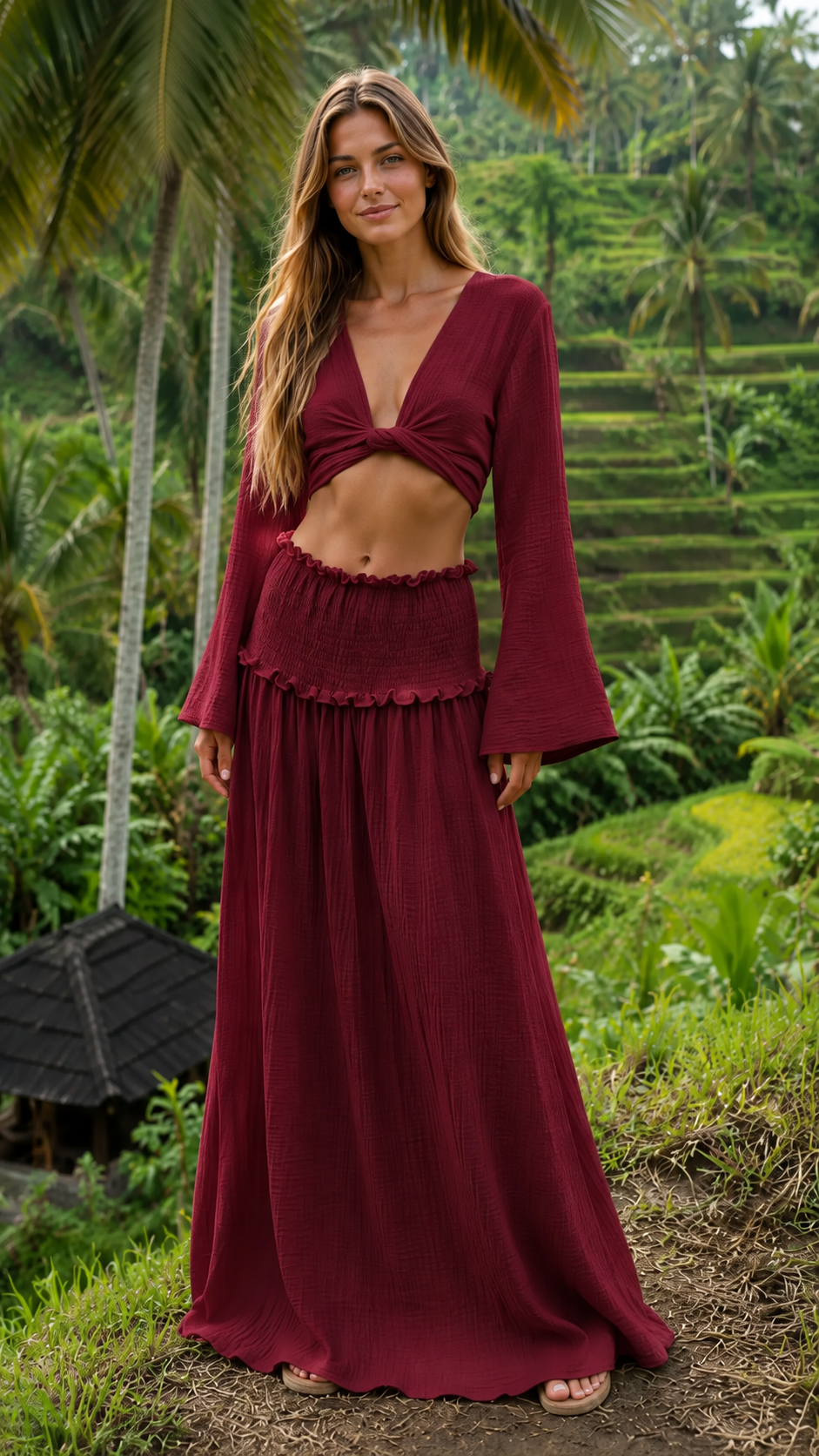 Wine twist-front long sleeve crop top and flowing maxi skirt set front view