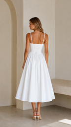 Back view of white spaghetti strap midi dress with fitted bodice and full skirt