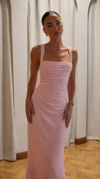 Close front view of blush pink ruched shimmer formal dress with square neckline