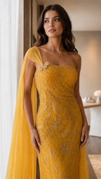 Close-up of marigold gown bodice with one-shoulder neckline and embellishment