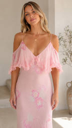 Close-up of blush pink floral maxi dress with V-neck and ruffle detail