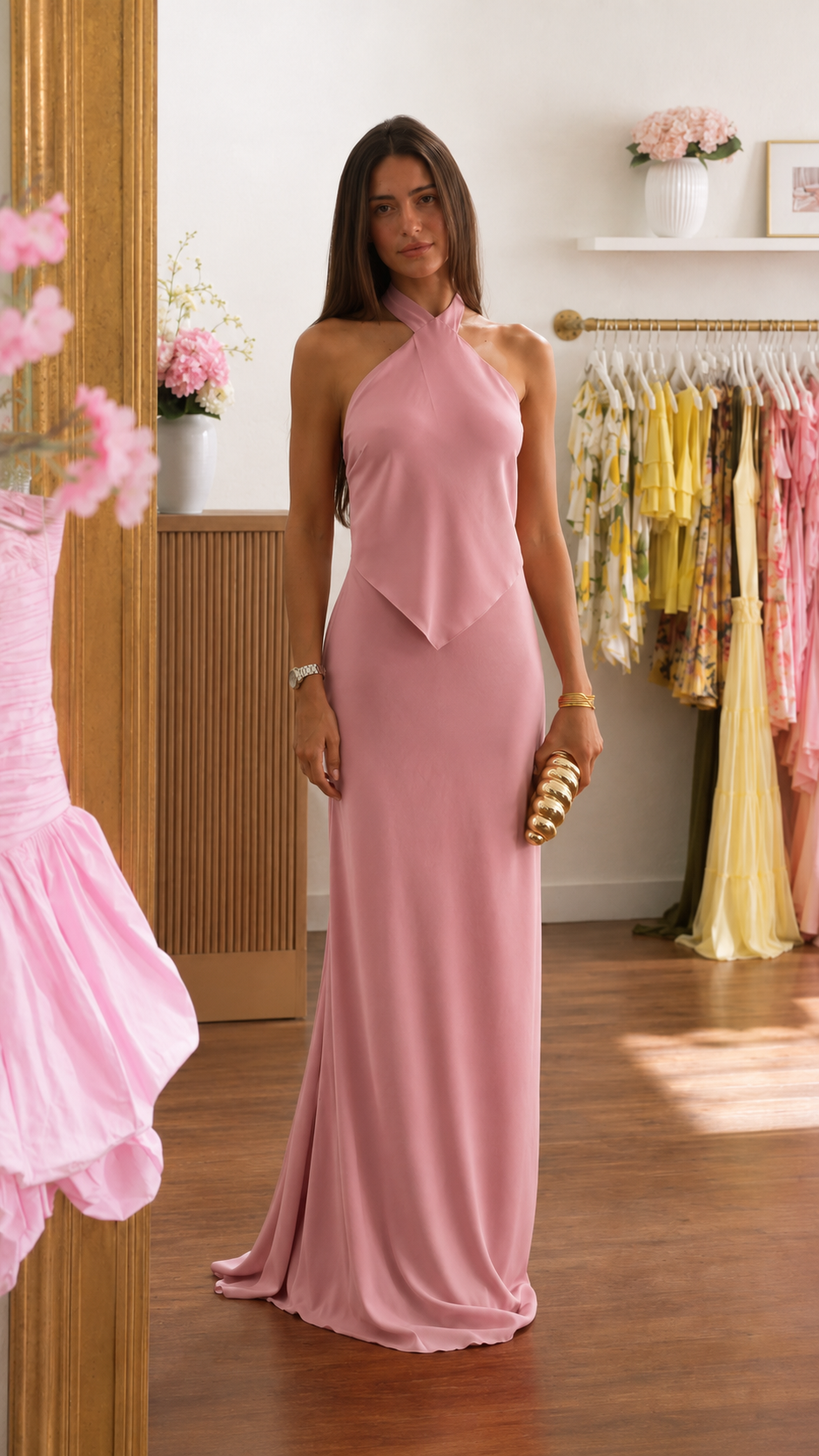 Front view of blush pink sleeveless halter maxi dress with draped front panel